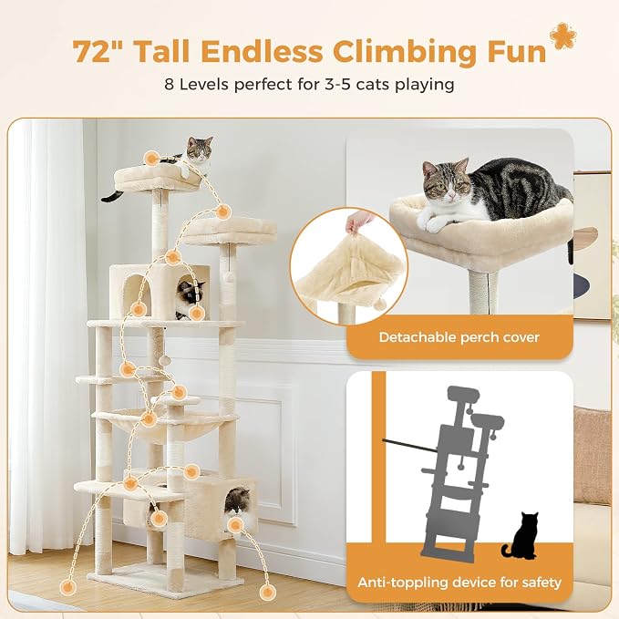 PAWZ Road 72" Cat Tree, Tall Cat Tower with Hammock& Condos for Large Cats | 20"x16" hammock for adult cats, cat tower with 7 scratching posts&pad, dual top perch and large condo for big cats