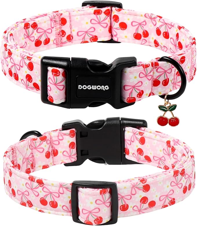 DOGWONG Pink Dog Collar- Cute Cherry Flower Dog Collars Adjustable Girl Female Dog Collar for Small Dogs, S