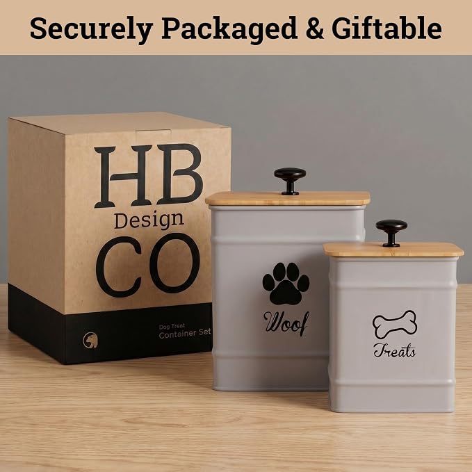 Dog Treat Container Set of 2 with Airtight Bamboo Lids - 8x6 & 7x5 inch | Fits All Popular Treats, Up to 20 Cups Combined Capacity, Airtight Bamboo Lid, Easy Open Lid, Dent-Resistant Durable Metal