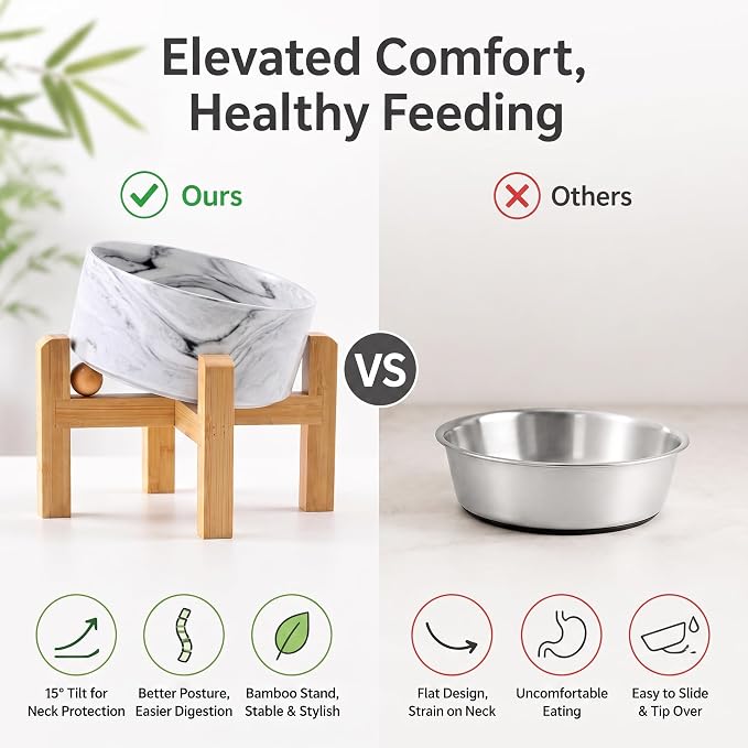 hjn Elevated Ceramic Dog Bowl 15°Slanted Raised Dog Bowl with Bamboo Stand for Small Medium Dogs and Cats, Pet Feeder -3.6-Cup (850ml)-Marble Gray