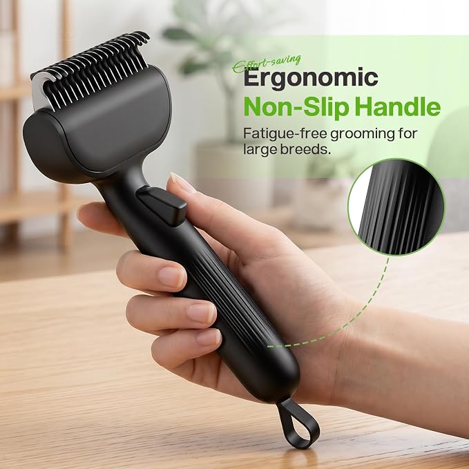 Pecute Self-Cleaning Undercoat Rake for Dogs Cats with Thick Double Coats | 1-click clean, 304SS, 18 rounded teeth, For seasonal heavy shedding & matting, Gentle on pets, Ideal for long/dense coats