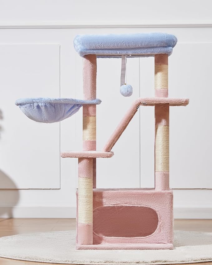 Taoqimiao Cat Tree, 38.5In Cat Tower for Indoor Cats, Suitable for Kittens | Thick Padded Top Perch, Luxurious Cat Condo, Adjustable Basket, 1-Piece Ramp Scratcher, 3 Sisal Posts, Pink&Blue, MS029SPB