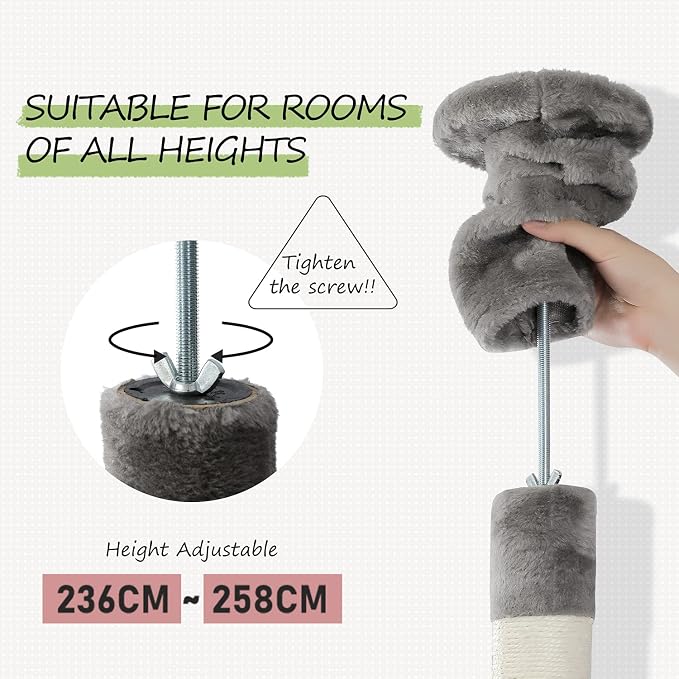 PEQULTI Floor to Ceiling Cat Tree, 92.9-101.6in Adjustable Cat Tower, Gray | Adjustable tower braces floor to ceiling; cozy condo, large hammock, perches & 9 sisal posts on fan base with anti-tip strap