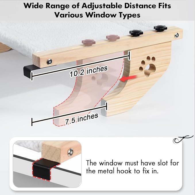 AMOSIJOY Cat Windowsill Perch with Wood & Metal Frame for Large Cat, 24.4in | Solid Wood Frame, Easy to Adjust, Washable Berber Fleece Cover, No Suction Cups Cat Window Seat for Windowsill, Bedside