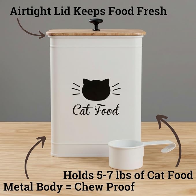 Metal Cat Food Container with Scoop 5-7 lb (25 Cup), w/ Airtight Bamboo Lid | Cat Kibble Canister with Metal Scoop, 25 Cups, Chew Proof Iron Body, Powder Coated, Airtight Bamboo Lid, Sturdy Metal Handle