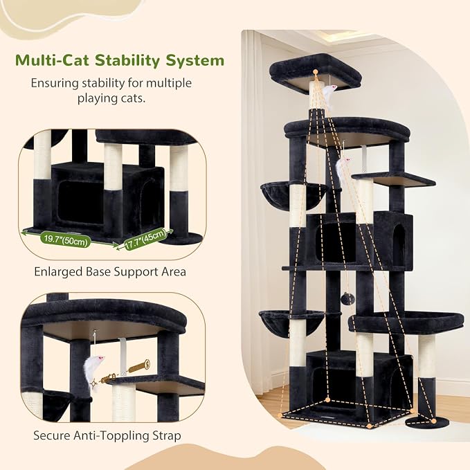 Globlazer 75in Sturdy Cat Tree Tower for Indoor Large Cats, S75, Dark Grey | Multi-Level Heavy Duty Cat Tower with Scratching Post, Oversized Condos & Perches for Big Cats, Large Baskets, Enlarged Base
