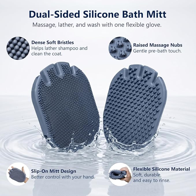 Pet Bathing Glove for Dogs & Cats, 1-Pack Dual-Sided Silicone Dog Bath Brush with Pre-Bath Massage Bumps and Shampoo Lathering Bristles, Cat Grooming Mitt for Shower Cleaning and Loose Fur
