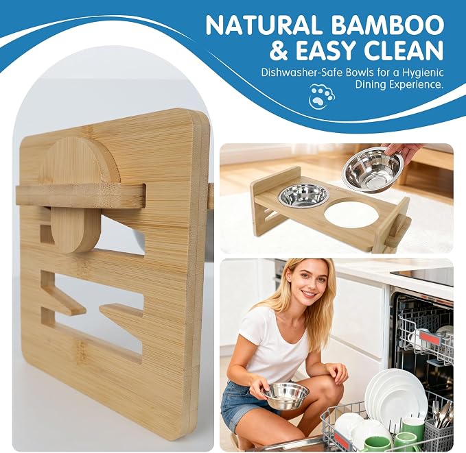 Elevated Dog Bowls for Small Dogs & Cats, Adjustable Raised Dog Bowl Stand with 6 Heights, 15° Tilt, Spill-Proof Silicone Mat, 2 Stainless Steel Bowls, Bamboo Feeder