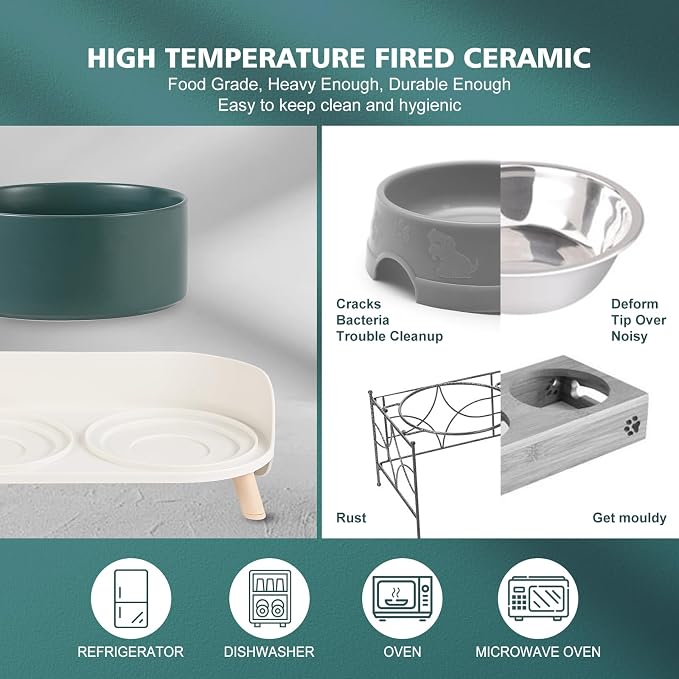 Elevated Ceramic Dog Bowl Set - Double Dog Feeding Bowls with Stand Splash Proof - Raised Dishes for Food and Water - Ideal for Small to Medium Dogs - 2 x 720 ml - 11.3 oz - Green