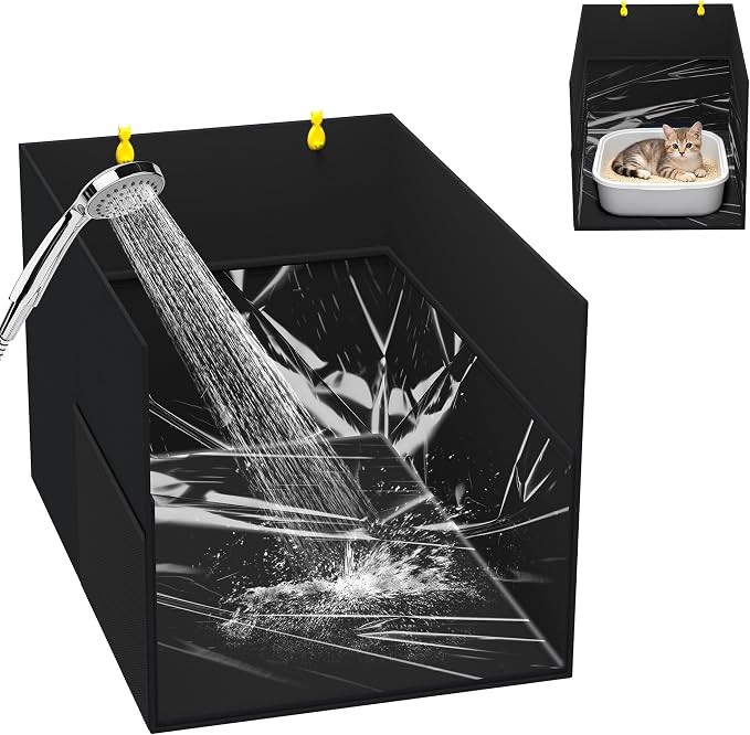 Aokeyee Cat Litter Box Enclosure Splash Guard, Black Waterproof | 27.16x21.65x16.53, Removable PVC Mat with 2 Hooks, Foldable Anti-Leakage Dust Control