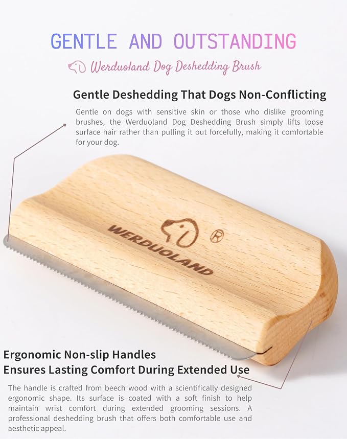Deshedding Brush for Dogs and Cats, Wooden Ergonomic Handle | For short, long, double-coated dogs and cats. Gently removes loose undercoat without scratching. Wooden ergonomic grip.