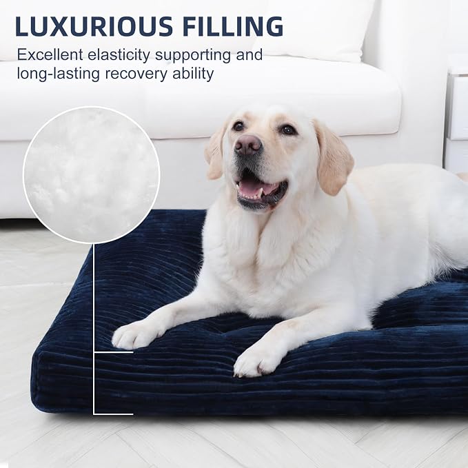 KSIIA Washable Dog Crate Bed Kennel Mat for Large Dogs,41 x 27 Inch, Blue | 3in thick soft PP filling,Elastic rebound,300gsm shed-proof flannel,Soft skin-friendly,Anti-slip bottom,Machine washable