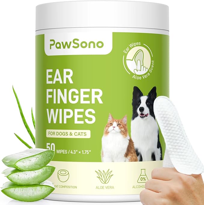 PawSono Dog Ear Wipes - 50 Count Dog Ear Cleaner Finger Wipes for Dogs & Cats, Pre-Moistened Ear Cleaning Wipes for Puppies, Kittens & Small Animals, Thick Pet Ear Wipes to Remove Wax, Dirt & Debris