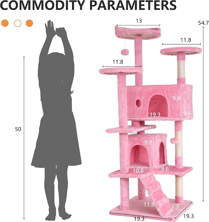 Cat Tree for Indoor Cats, Multi-Level Cat Tower with Scratching Posts & Cozy Condo, Space Saving Cat Activity Center, Durable Pet Play House (54in,Pink)
