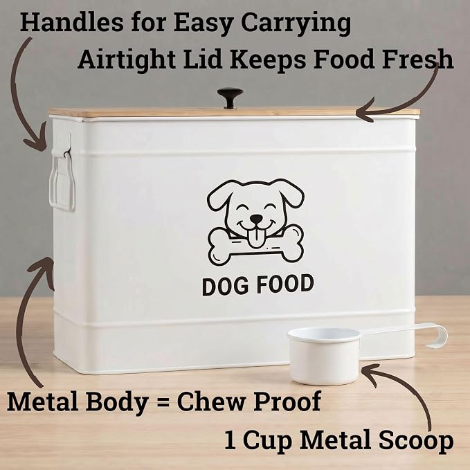 Metal Dog Food Container 15-20 lbs w/ Airtight Bamboo Lid, 70 Cup Capacity | Pet Jar For Dogs up to 100lbs, Airtight Bamboo Lid, Sturdy Comfortable Metal Handle, Powder Coated Iron, Kibble Storage Bin