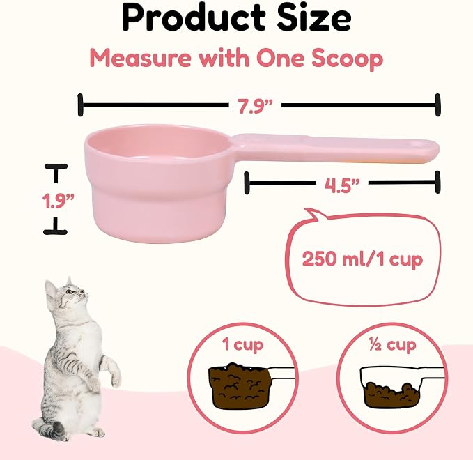 1 Cup Dog Food Scoop, Extra Long Handle Sturdy Melamine Pet Food Measuring Scoop with Clear Marking Lines, BPA-Free, Shatterproof, Dishwasher Safe (Pink*2, 1 Cup)