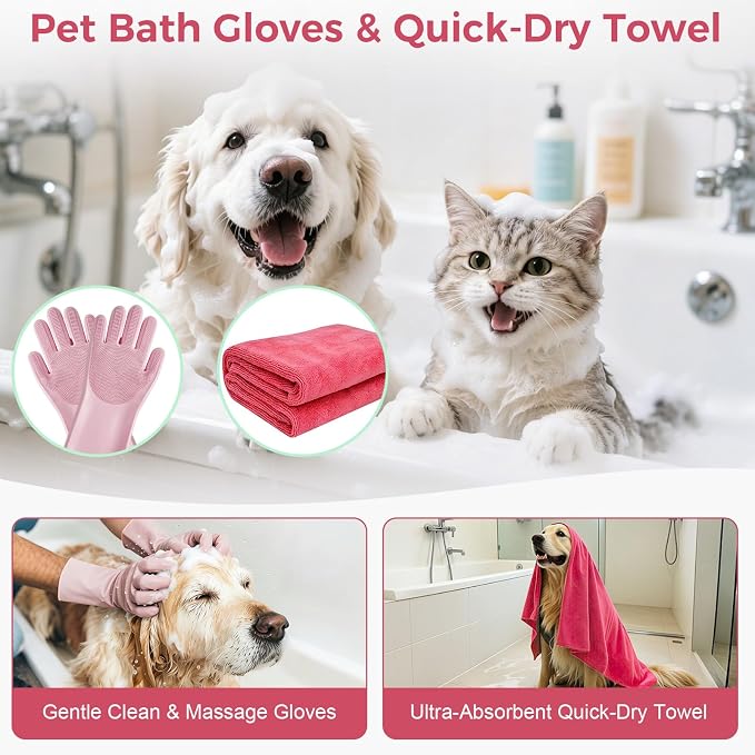 11 Piece Dog Grooming Kit - Hair, Nail, Massage Bath Supplies For Pets Cats | slicker dog brush for shedding，comb, undercoat rake, nail clipper tool, towel, scrubber gloves, scissors, all in one fur care