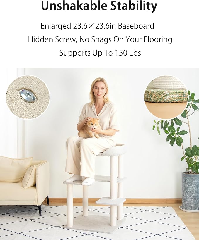 Cat Tree Tower Wooden 37.4''(95 cm), Large Cat Tree with Jump Platform & Play Ball for Indoor Cats, Ideal Cat's Climbing Frame & Playhouse (Linen Fabric Light Grey)