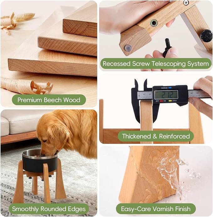 Solid Wood Elevated Dog Bowl Stand with Adjustable Width, 12-Inch Raised | Fits 6.3-7.8 Inch Dog Food & Water Bowls, Non-Slip Base, Ergonomic Design for Corgis, Beagles, Medium Breeds, Stand Only