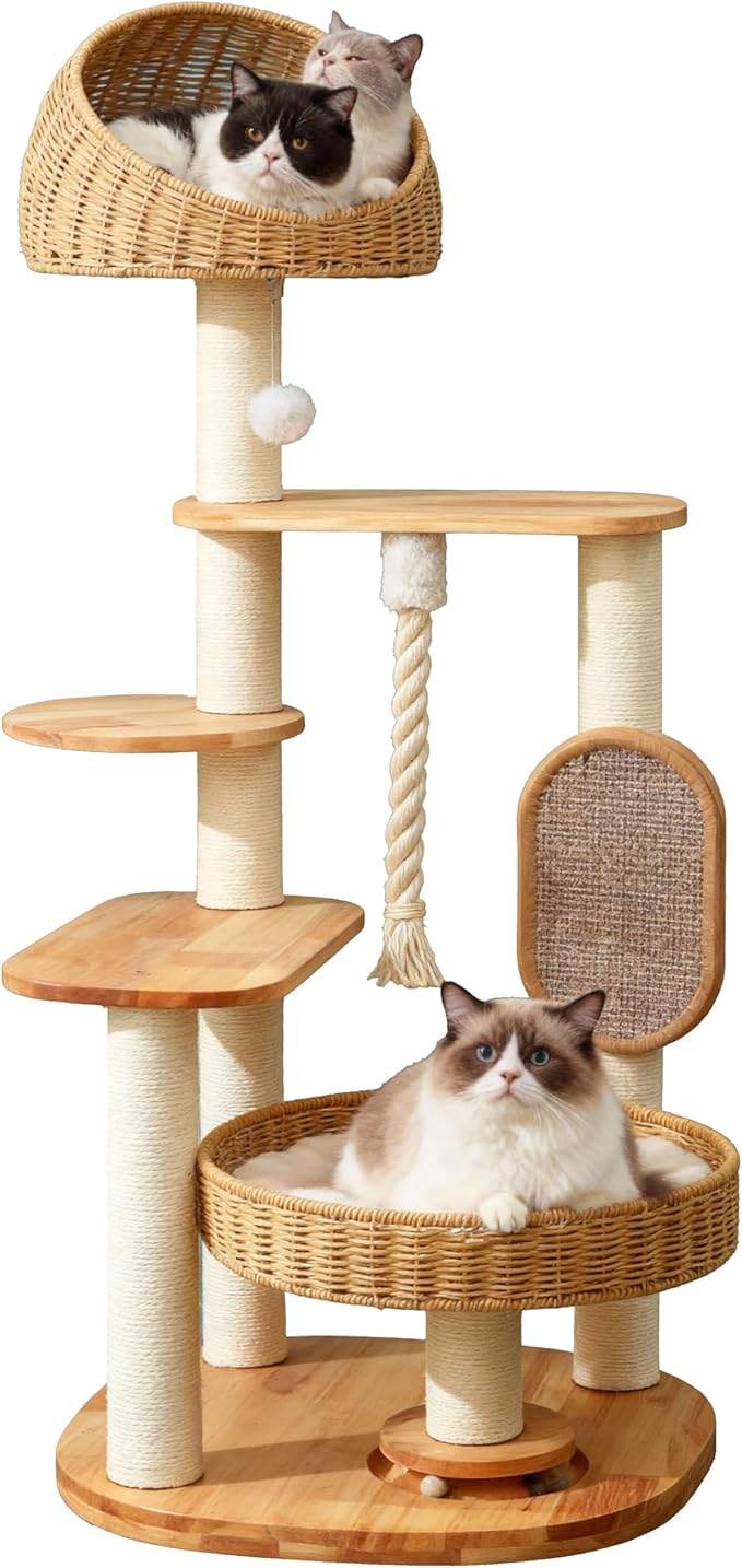50 in Wooden Cat Tree for Indoor Cat, Large Cat Tower | Multi-Level Cat Condo,Modern Tall Design, with Scratching Post, with Hand-Woven Cat Bed, for Medium Size Cat, Easy to Clean