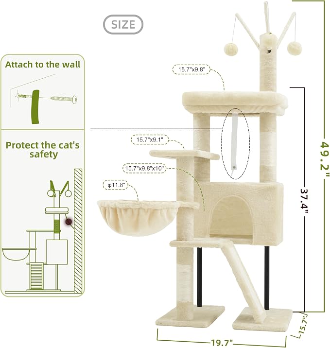 Cat Tree Tower for Indoor Cats, Top Platform with Toy, GCT006SM | 49.2 inch Cat Condo House, Sturdy Base, Scratching Post & Board, 3 Balls, Hanging Basket, Small Cats and Kittens, Beige