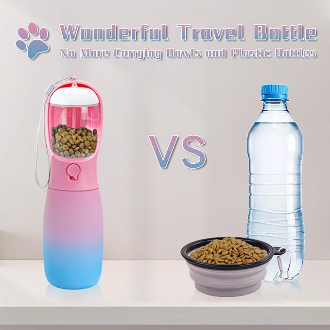 Dog Water Bottle with Food Container, 19Oz Large Capacity Portable Dog Water Bowl Dispenser, Food Grade New Puppy Essentials & Chihuahua Dog Accessories for Hiking Walking Traveling