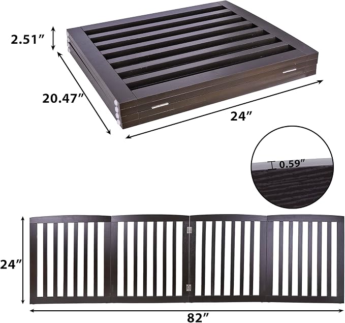 Extra Wide Dog Gate 24 Inch High Freestanding Indoor Pet Door for House Doorways Stairs Halls, Foldable Wood Outdoor Safety Fence 4 Panels, Coffee