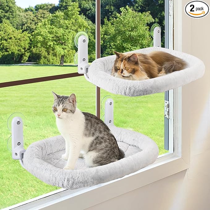 Zoratoo 2PC Cat Window Perch, Foldable & Cordless Cat Hammock with Bolster | 2-in-1 Reversible Cover, Removable for Machine Wash, Stable Window Resting Seat with Large Suction Cups for Indoor Cats