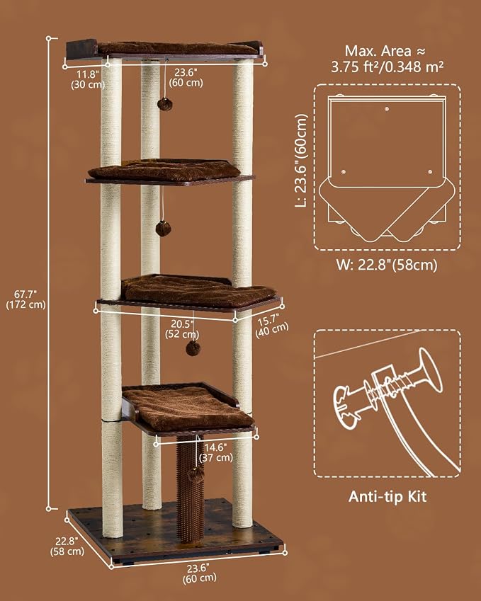 Heavy Duty Cat Tree, 67.7" Cat Tree for Indoor Cats Large Adult, Modern Cat Tower for Large Cats, Cat Tower with Scratching Post, Large Perch and Removable Pads, Rustic Brown