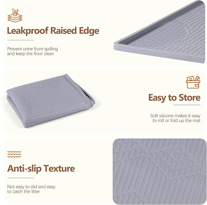 Silicone Cat Litter Box Mat 34'' x 22'' Cat Mat with Toy, Grey | Extra Large Litter Mat with lip, Non-Slip Waterproof Cat Litter Mat Litter Trapping Mat for Floor, Easy to Clean