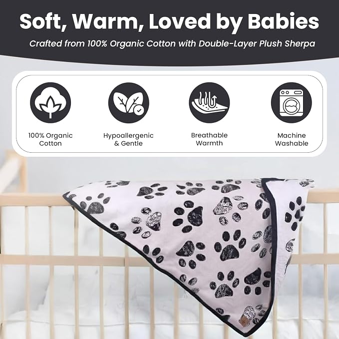 Baby & Pet Blanket 100% Cotton with Sherpa Fleece – Soft Stroller & Cuddle Blanket for Baby, Dog & Cat – Breathable, Hypoallergenic, Washable – 30x40 All-Season Blanket Black