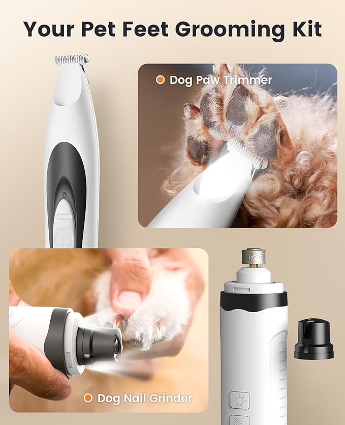 oneisall 2 in 1 Dog Nail Grinder & Paw Trimmer Kit, 2 LED Lights | 35 dB Low Noise, 6500/7500RPM, 2 Speeds, Cordless & Rechargeable, Long Battery Life, Safe for Paw, Face, Ears, Body