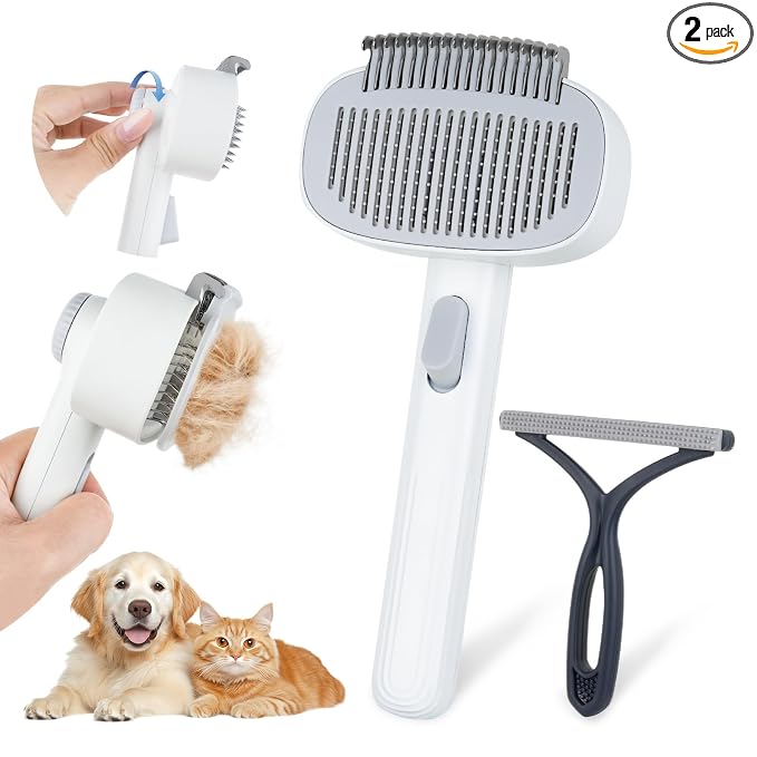 2-IN-1 Pet Self-Deshedding and Grooming Brush for Dogs and Cats | Pet Brush with Undercoat Rake & Adjustable Bristle Length Comb, One-Click Hair Removal for Matted Fur Tangles Long Short Hair