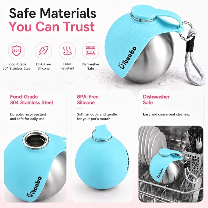 Cibaabo 2 in 1 Portable Dog Water Bottle with Bowl, 10 oz Stainless Steel No-Spill Travel Pet Water Dispenser with Collapsible Silicone Bowl for Small Dog & Puppy Walking Hiking Outdoor