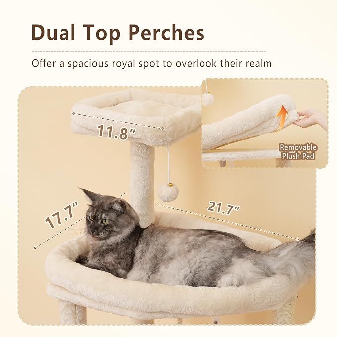 Heybly 64.2" Heavy-Duty Cat Tree for Large Cats with Wide Base HCT027M | Indoor Cat Tower with Scratching Posts & Board, Cat Furniture with Big Platforms, Extra-Large Hammock, Beige
