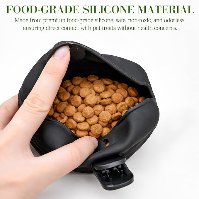 Black Silicone Dog Treat Pouch, Portable Pet Training Snack Bag with Magnetic Closure and Waist Clip for Dog Walking
