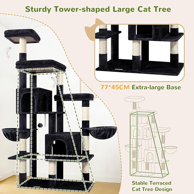 Globlazer 74in Large Sturdy Cat Tree for Large Cats, F74F, Beige | Tall Maine Coon Cat Tower for Indoor Cats Large Adult with 8 Scratching Posts, 2 Spacious Cat Condos, 3 Perches