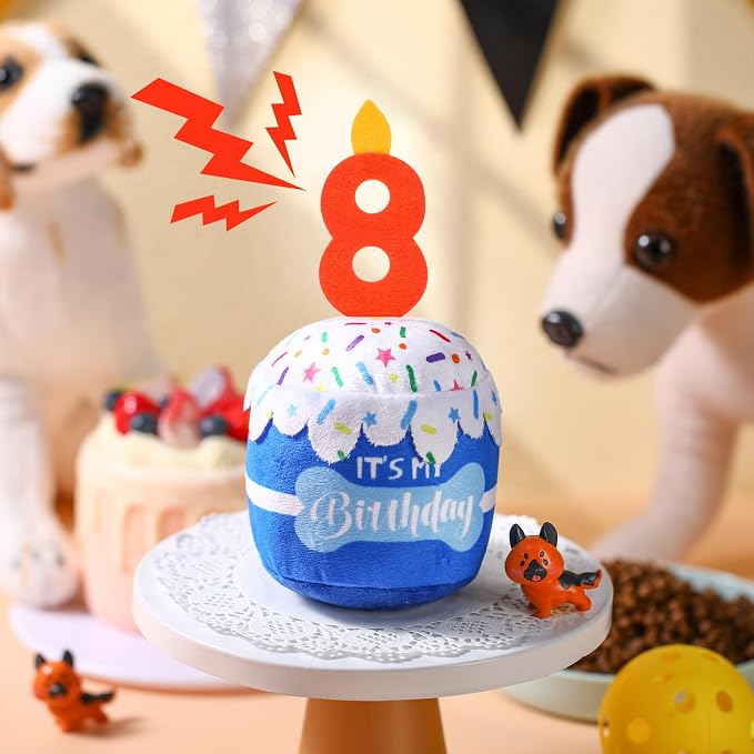 Dansydaisy Dog Birthday Cake Toy Squeaky Plush Toy for Girl Boy Gifts, Chew Accessories for Dog Birthday Party Decor Favor for Large, Medium and Small Dogs(8th,Blue)