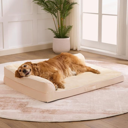 Dog Bed Large Sized Dogs, XL Orthopedic Dog Bed for Large Dogs, Waterproof Pet Bed with Washable Removable Cover, L-Shaped Pet Couch with Portable Handle 42"x30"x7.5", Beige
