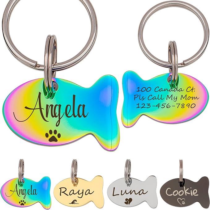 Anavia Cat Head & Fish Shape Pet ID Tags, Personalized Funny Icon Design Cat Name Tag, Customized Gold Plated Glossy Stainless Steel Black Rainbow Cat Dog Collar Tag (Small, Fish Shape, Rainbow)