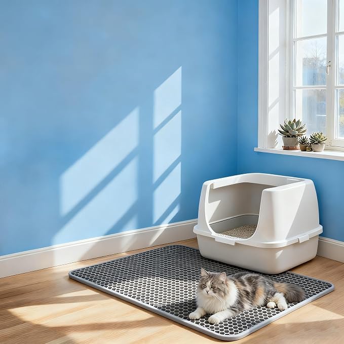 Cat Litter Mat Cat Litter Trapping Mat, 18 x 12 inch Honeycomb Double Layer Design, Urine and Water Proof Material, Scatter Control, Less Waste, Easier to Clean, Washable Gray
