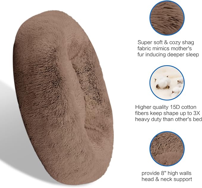 SAVFOX 23 inches Calming Donut Dog Bed - 3X Durable Plush Faux Fur, Machine Washable & Non-Slip, Fits up to 25 lbs, Brown