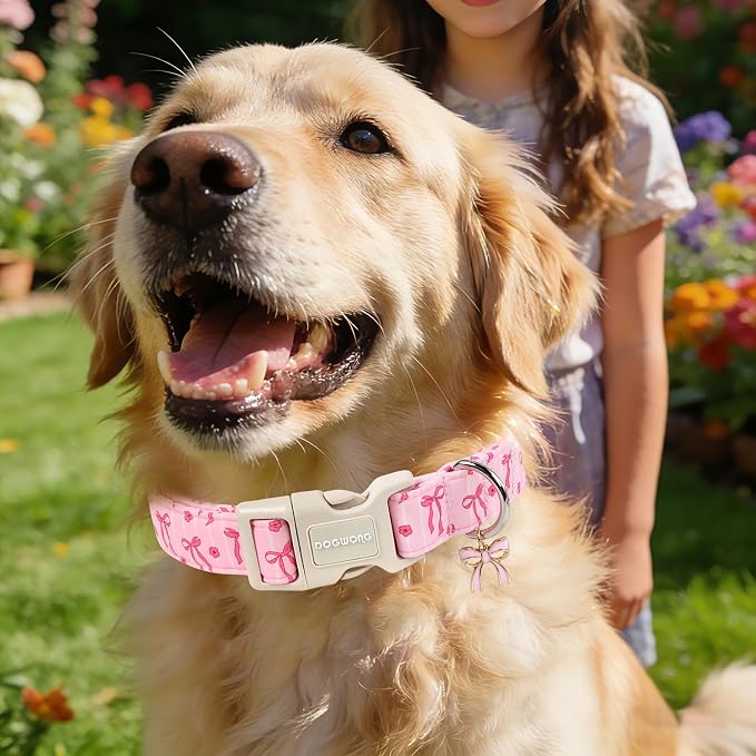 DOGWONG Pink Dog Collar, Spring Summer Cute Girl Dog Collar, Floral Girl Female Dogs Collars for Medium Lrage Dogs, Neck 39-60 inches
