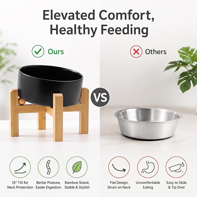 hjn Elevated Ceramic Dog Bowl 15°Slanted Raised Dog Bowl with Bamboo Stand for Small Medium Dogs and Cats, Pet Feeder -7.6-Cup (1800ml)-Black