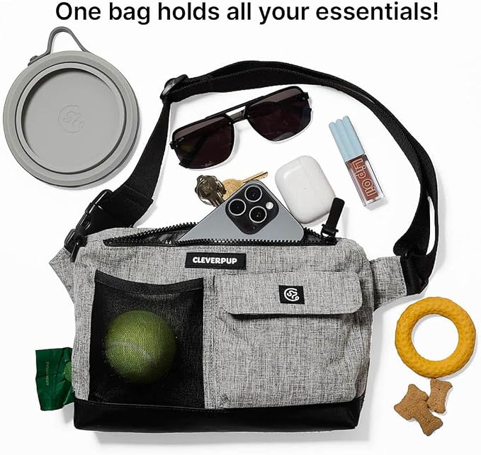 Walk & Train 2-in-1 Dog Walking Bag - Hands-Free Training Crossbody Sling & Fanny Pack with Treat Pouch, Poop Bag Holder, Phone Pockets - Adjustable Waist or Shoulder Strap - Heather Grey