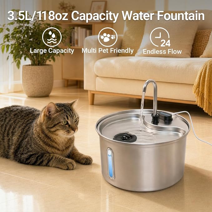 Cat Water Fountain, 118oz/3.5L Stainless Steel Cat Fountain with Ultra-Quiet Pump, LED Water Level Window, Automatic Cat Water Dispenser, 6-Layer Filtration Includes 2 Replacement Filters