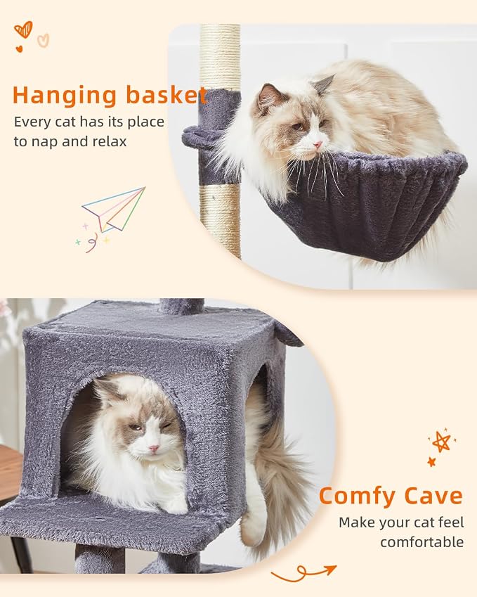 Taoqimiao Cat Tree, 49In Cat Tower for Indoor Cats Large Adult | 2 Luxurious Cat Condos, Thick Padded Top Perch, Adjustable Hanging Baskets, 5 Scratching Sisal Posts, Smoky Gray MS029LG