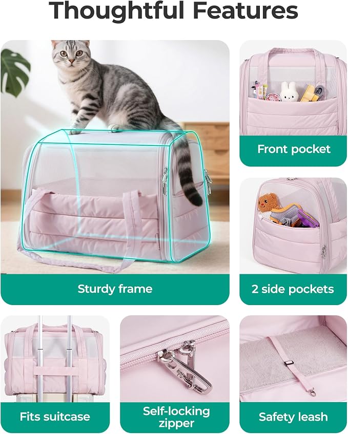 BAGSMART Cat Carrier: Soft-Sided Pet Carrier for Small Medium Cats Dogs Puppy Quilted Collapsible Puffy Travel Bag Up to 20 Lbs Pink