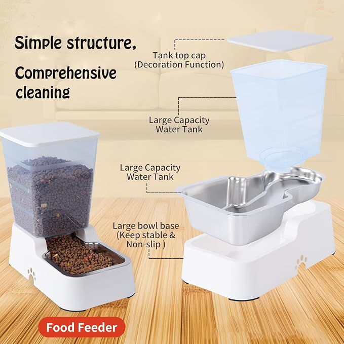 Meikuler Pets Auto Feeder 5.2L,Food Feeder and Water Dispenser Set for Medium & Large Dogs Cats and Pets Animals (White)