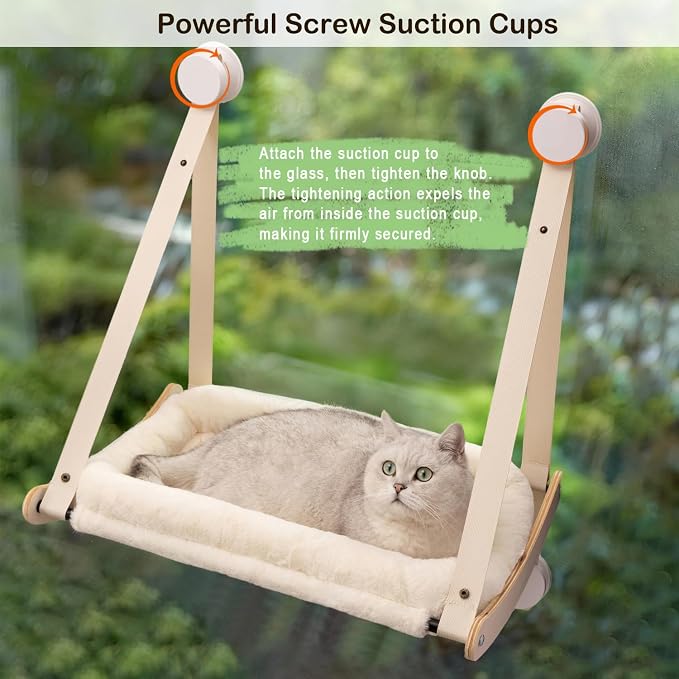 Cat Window Perch with 4 Strong Suction Cups | Cat Hammock for Window, Easy Assembly, Solid Wood Frame with Large Cats Bed, Supports Up to 40lbs for Indoor Cats